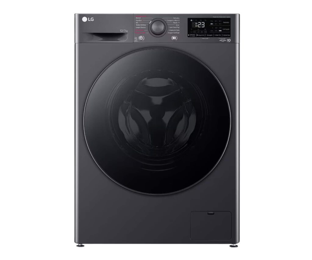 Lava e seca LG VC5 11kg na cor branca com painel digital, mostrando o cesto de aço inox e a porta de vidro temperado.