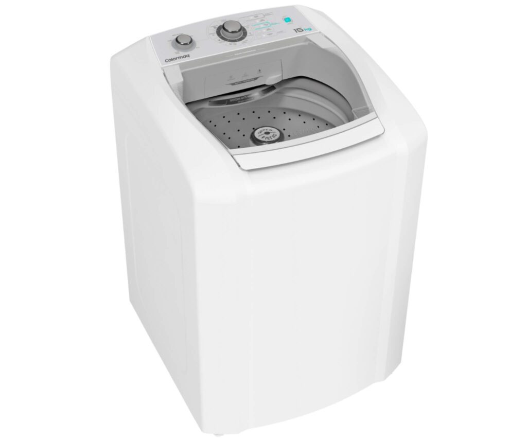 Tanquinho Colormaq LCS15 de 15kg, um modelo semi-automático de grande capacidade e baixo custo para lavar roupas pesadas.