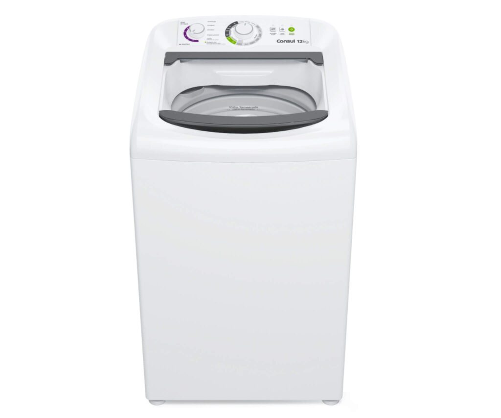 Foto da máquina de lavar Consul 12kg CWH12AB branca, com detalhe no dispenser de Dosagem Extra Econômica, uma ótima opção de custo-benefício para a Black Friday.
