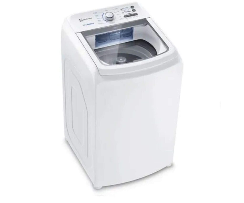 Imagem da máquina de lavar Electrolux 14kg LED14 branca, com um close no dispenser autolimpante com tecnologia Jet&Clean, ideal para famílias.