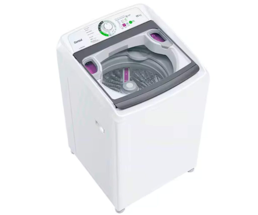Lavadora de roupas Consul CWH15AB de 15kg, um modelo robusto, com painel digital intuitivo e ótimo custo-benefício para famílias grandes.