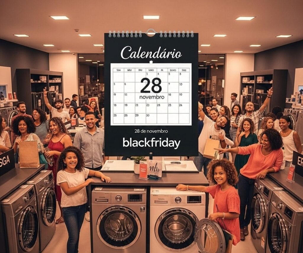 Calendário de 2025 destacando as melhores datas para encontrar preços baixos em máquinas de lavar, como Black Friday e Dia do Consumidor.