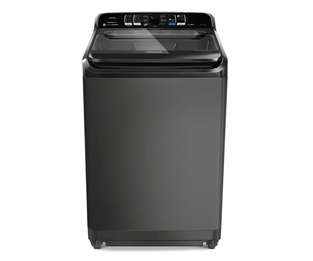 Imagem da lavadora Panasonic 12kg NA-F120B1W branca, mostrando o interior do cesto sem o agitador central, tecnologia que garante maior economia de água.