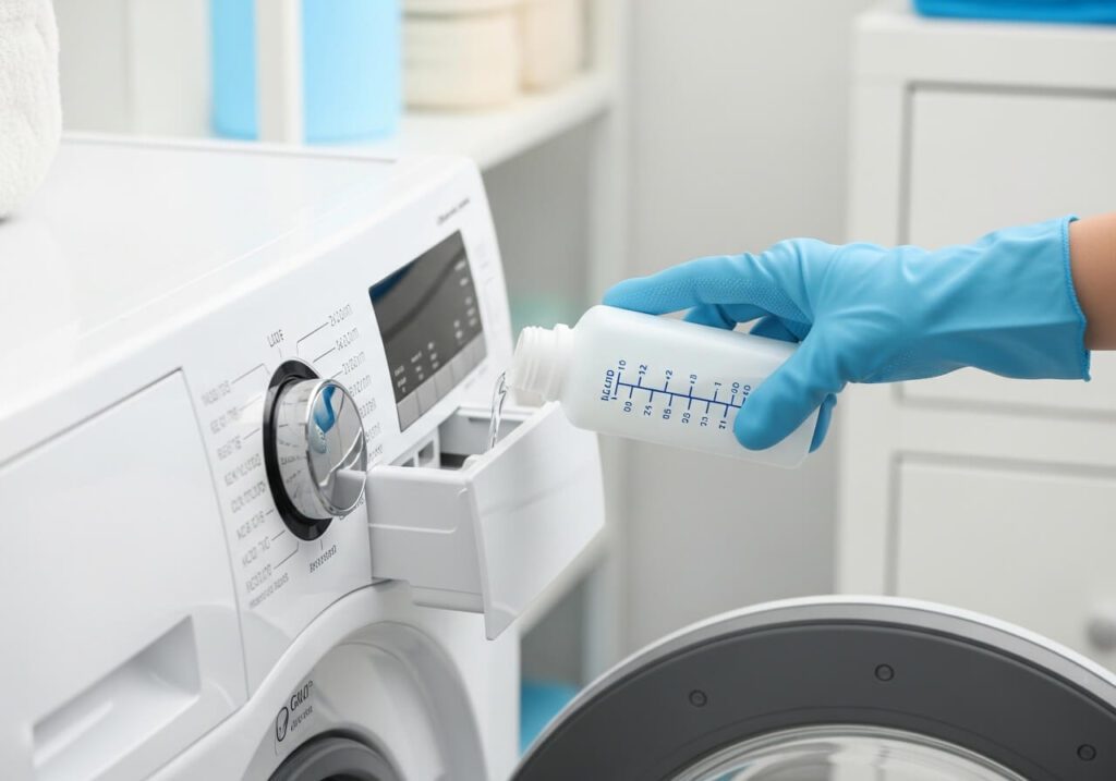 Uma mão com luva de proteção despejando cuidadosamente água sanitária em um compartimento de uma máquina de lavar branca. A imagem demonstra a etapa de usar água sanitária para uma limpeza profunda da máquina.