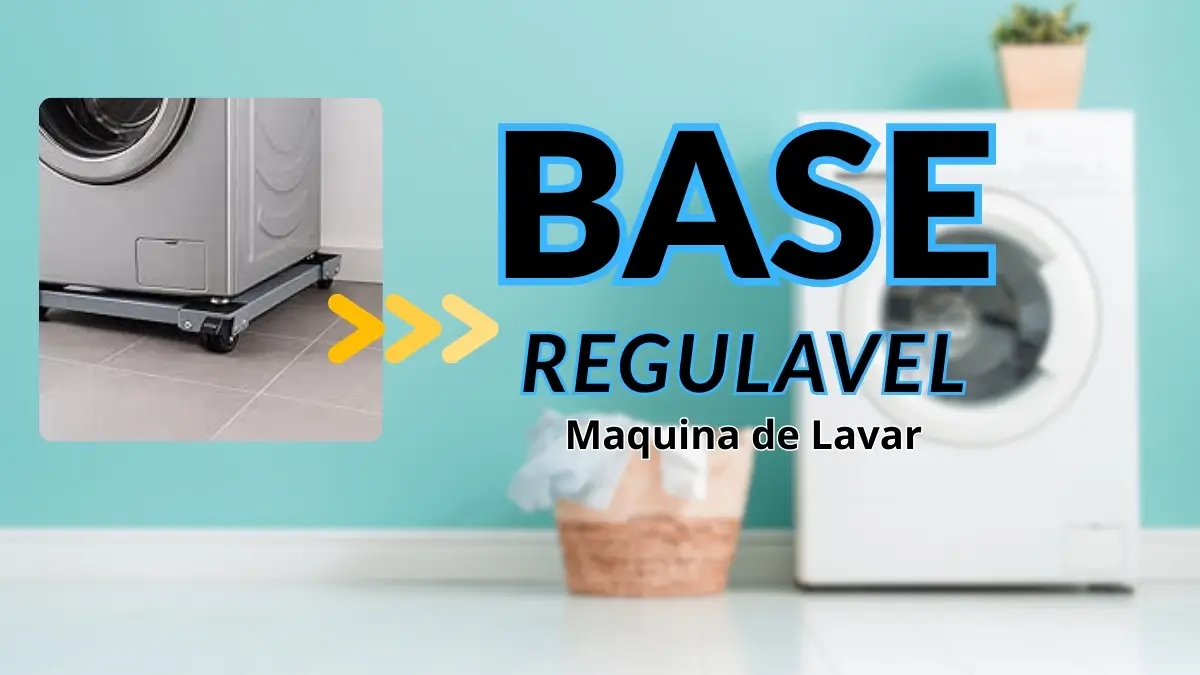 Imagem ilustrativa mostrando uma máquina de lavar sobre uma base móvel regulável com rodinhas, como parte de uma análise para saber se o suporte é bom e seguro.