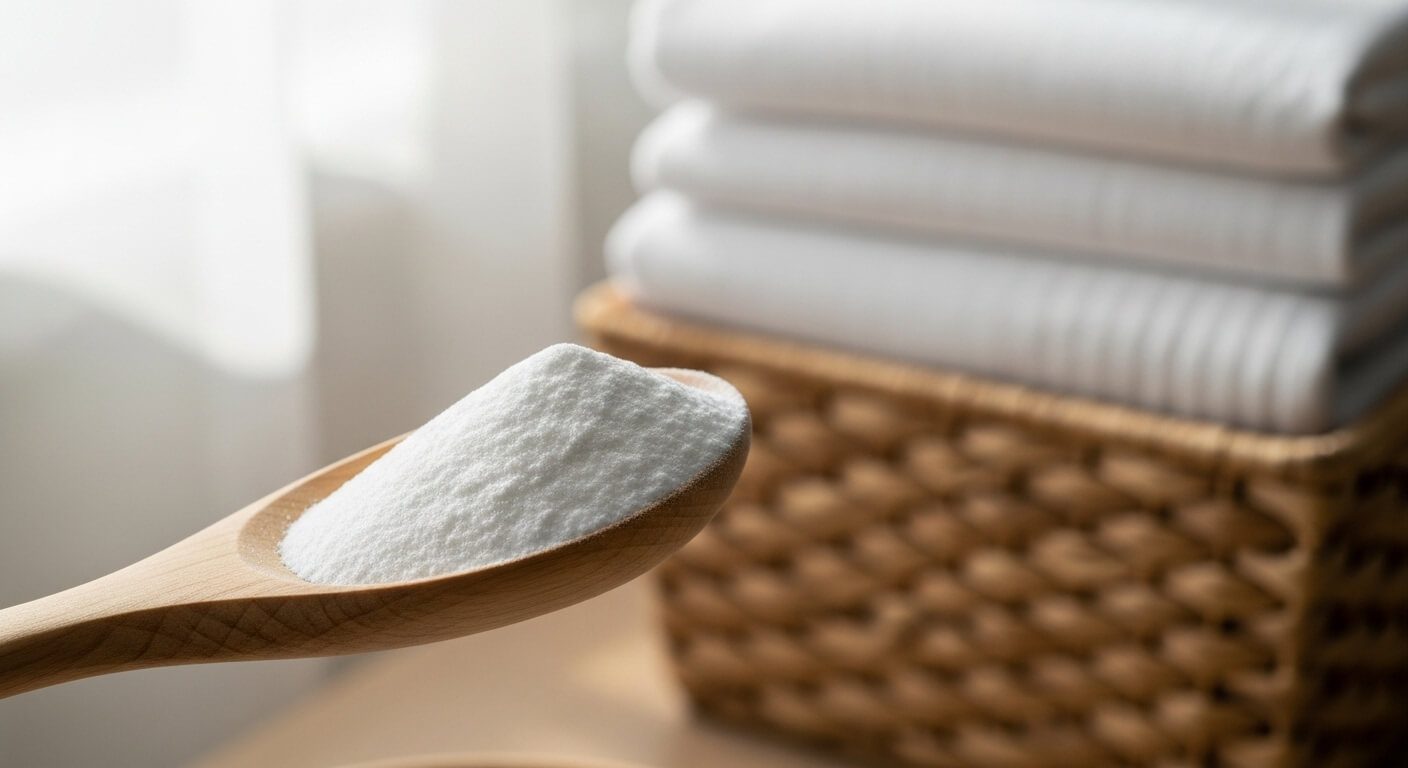 Colher com bicarbonato de sódio em pó, mostrando que o produto é bom para lavar roupa, com um cesto de roupas brancas e limpas ao fundo.
