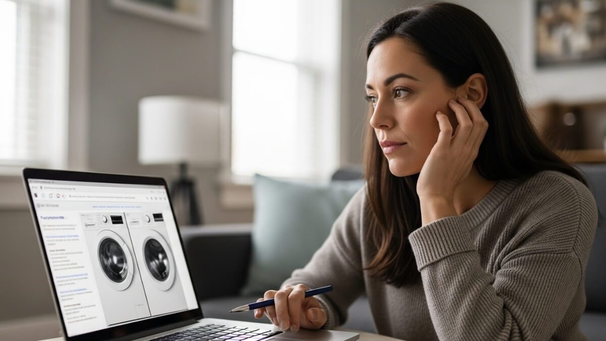 Mulher analisando promoções em seu notebook para encontrar os melhores preços de máquina de lavar.