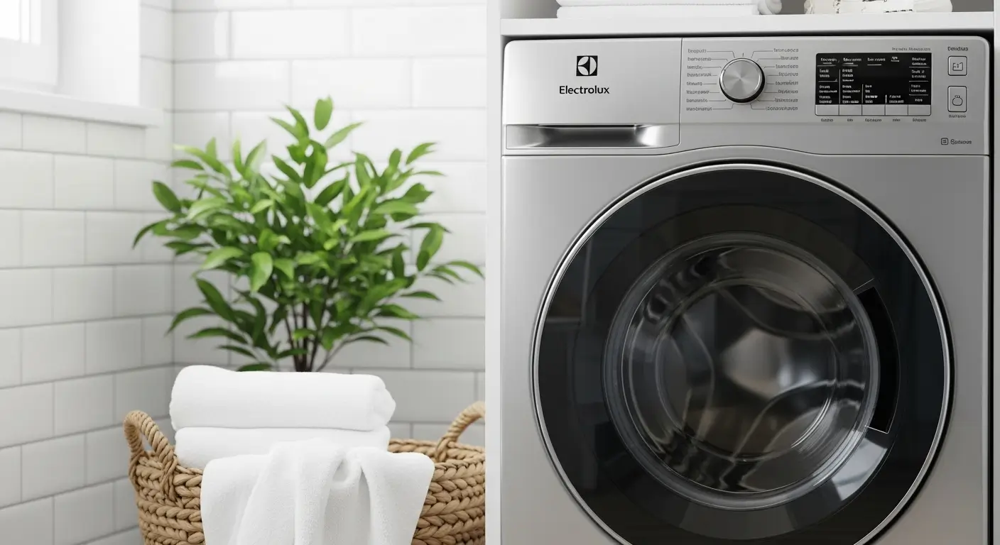 Máquina de lavar Electrolux frontal prateada, limpa e brilhante, em uma lavanderia com um cesto de toalhas brancas ao lado