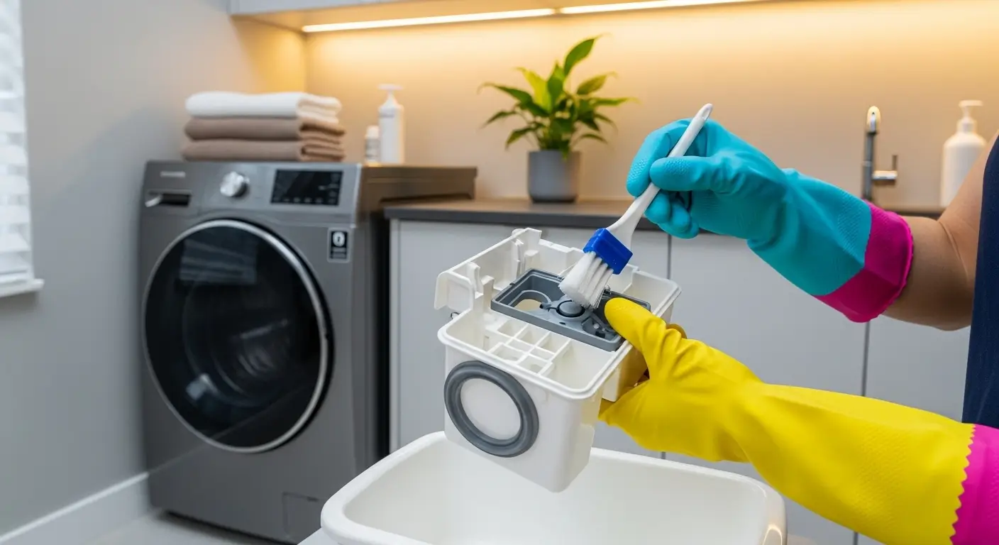 Pessoa realizando a limpeza do dispenser de uma máquina de lavar Panasonic para remover resíduos de sabão e amaciante.