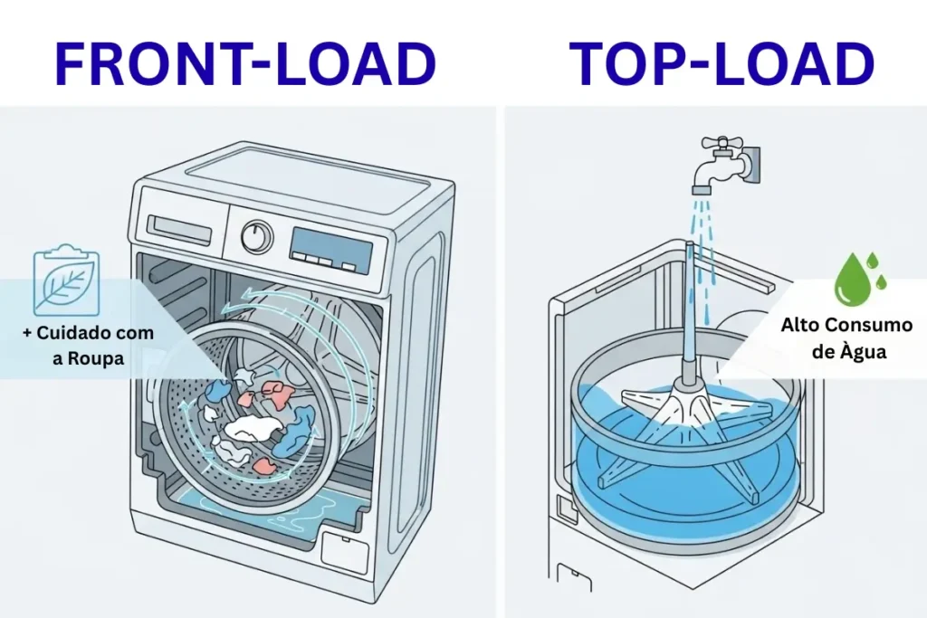 Infográfico comparando o funcionamento interno de uma máquina de lavar roupa com abertura frontal (tombamento) e uma de abertura superior (agitação)