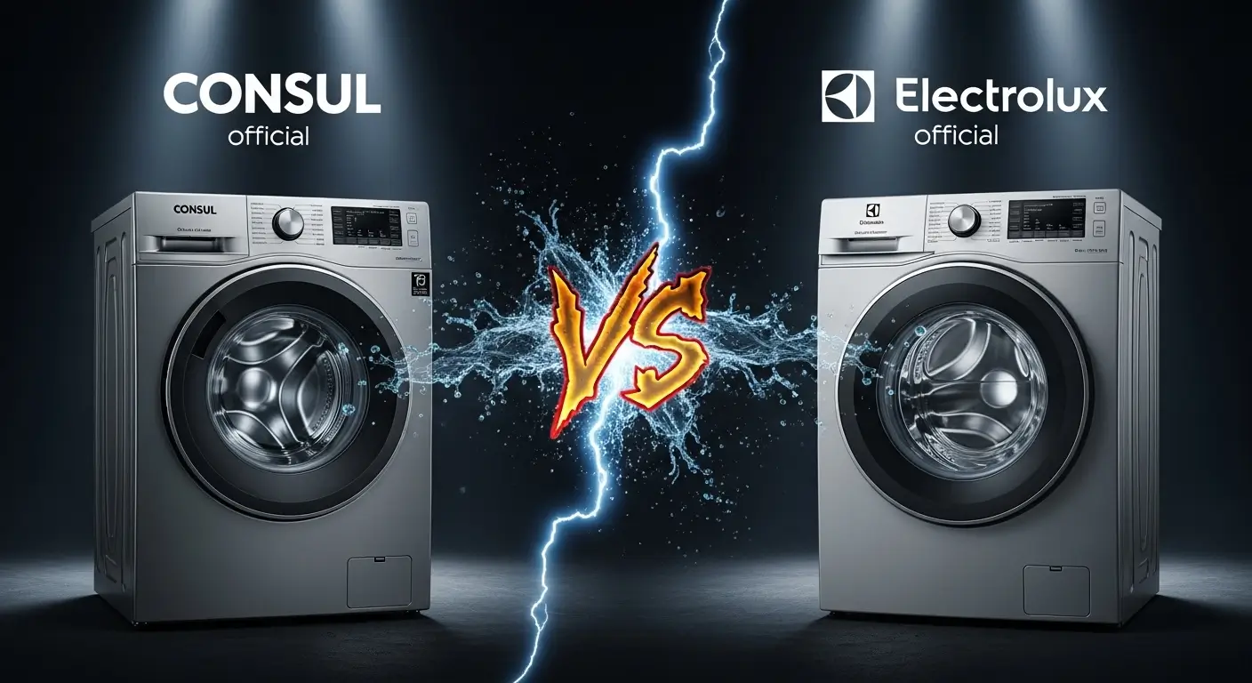 Imagem comparativa de uma máquina de lavar Consul e uma Electrolux lado a lado, com os logos das marcas, para ilustrar o artigo sobre qual a melhor máquina de lavar