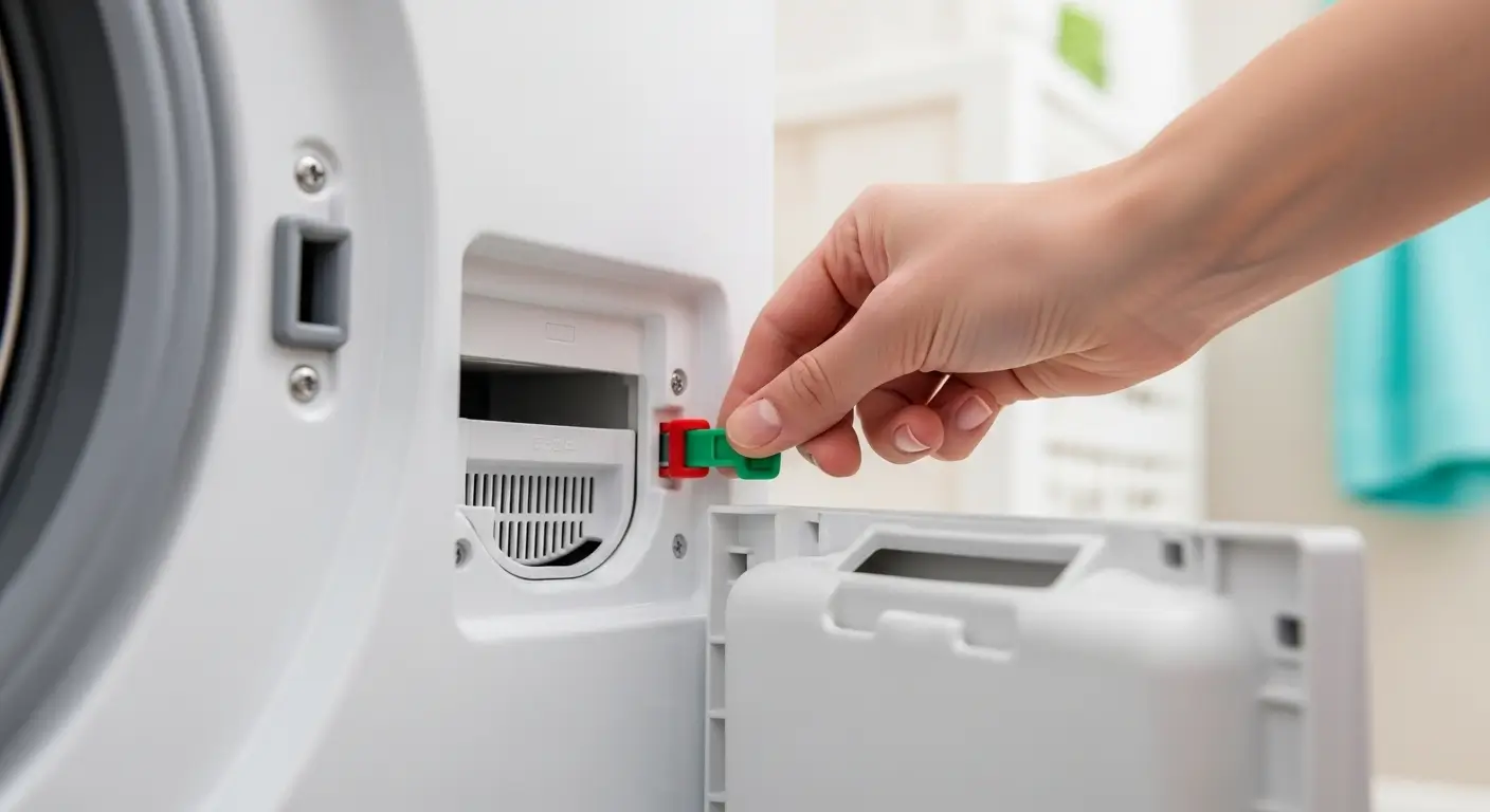 Mão de uma pessoa puxando a alça de liberação de emergência para destravar a porta de uma máquina de lavar roupa.