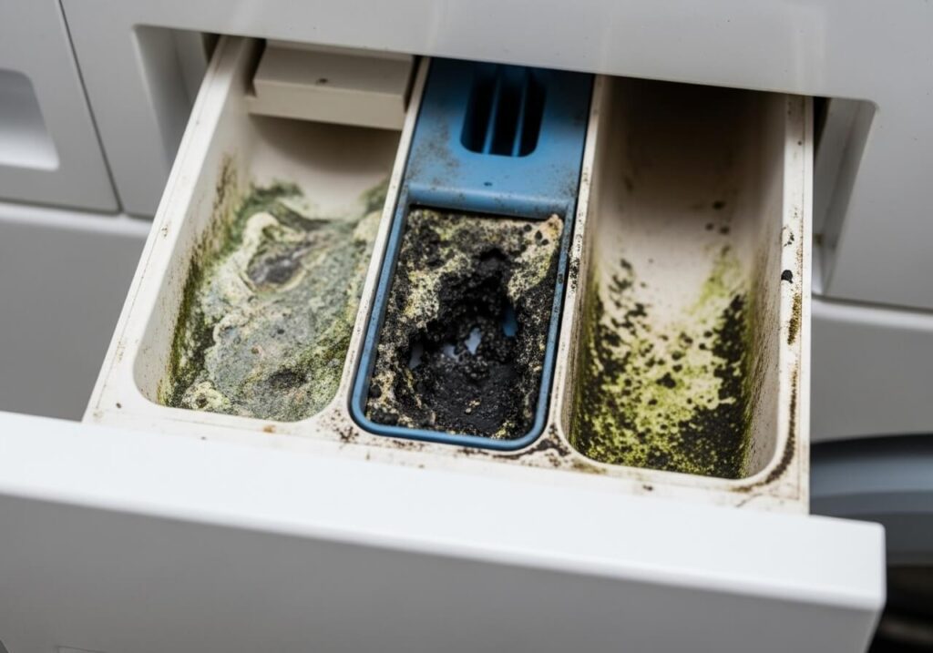 Visão de perto da gaveta de sabão e amaciante de uma máquina de lavar, coberta por mofo preto e resíduos de sabão. A imagem ilustra o problema do mofo que se acumula no dispenser