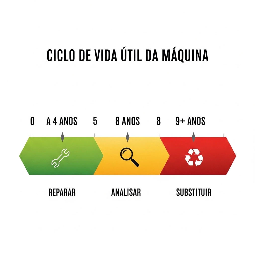 Linha do tempo mostrando a vida útil de uma máquina de lavar e quando vale a pena consertar ou trocar.