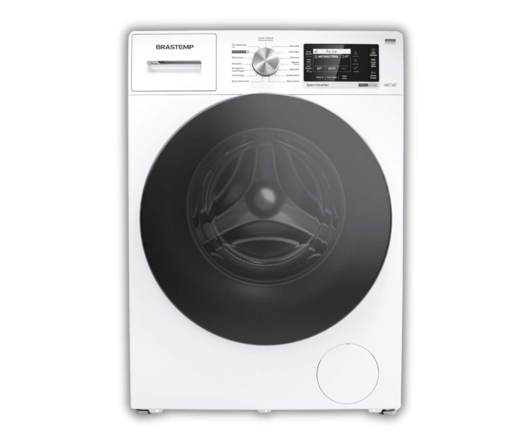 Lava e seca Brastemp 10kg branca BNC10AB, vista de frente, uma máquina confiável e eficiente para tirar manchas.