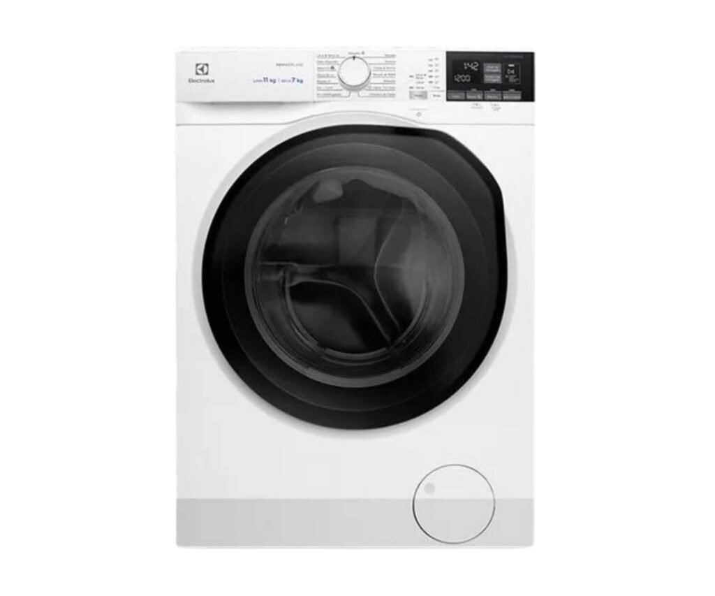Imagem da lava e seca Electrolux Perfect Care 11kg branca, vista de frente, um modelo de excelente custo-benefício.