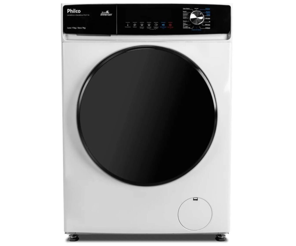 Foto da lava e seca Philco Invertplus 10kg na cor branca, uma opção de entrada econômica com motor Inverter.