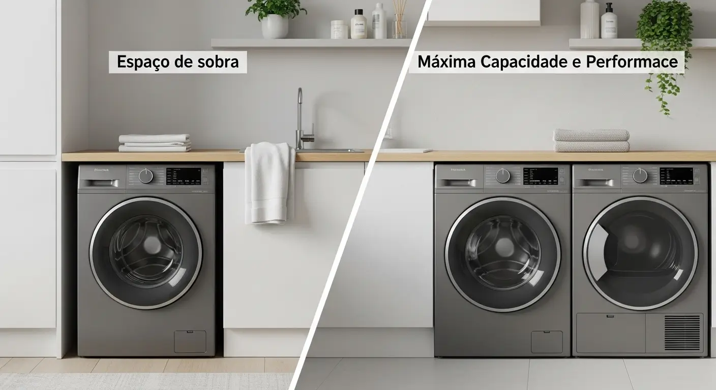 Comparativo visual mostrando se a lava e seca vale a pena: à esquerda, uma única máquina lava e seca otimizando espaço; à direita, uma torre com lavadora e secadora separadas, representando a capacidade máxima.