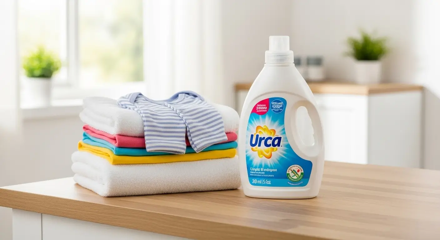 Análise se o lava roupas Urca é bom, mostrando o frasco do produto ao lado de uma pilha de toalhas brancas e macias, simbolizando limpeza e cuidado.