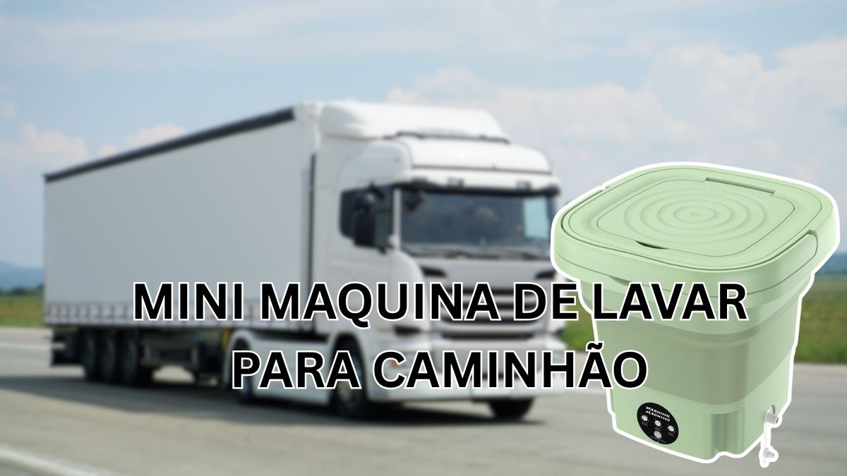 Mini máquina de lavar portátil e dobrável, na cor verde, em frente a um caminhão branco na estrada, ilustrando o guia sobre lavadora de roupa para caminhão.