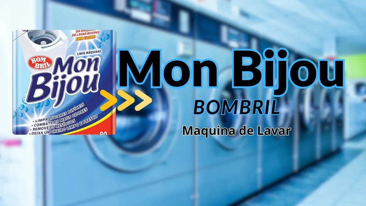 Caixa do produto Mon Bijou Limpa Máquinas da Bombril em destaque, com uma fileira de máquinas de lavar roupa ao fundo, ilustrando a análise do produto.