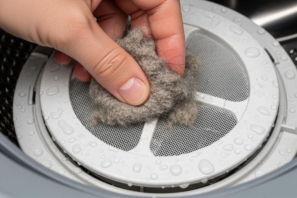 Close de uma mão retirando um bolo de pelos e fiapos acumulados de dentro do filtro de uma máquina de lavar roupas.