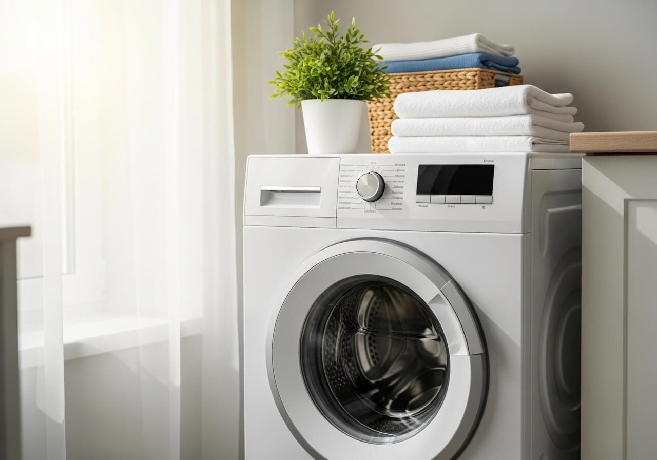 Máquina de lavar branca e moderna em uma lavanderia organizada com toalhas limpas e dobradas e uma planta decorativa ao lado de uma janela com luz natural