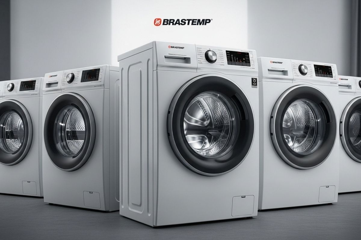 Análise completa para responder se a máquina de lavar Brastemp é boa, mostrando uma lavadora moderna em uma lavanderia organizada.