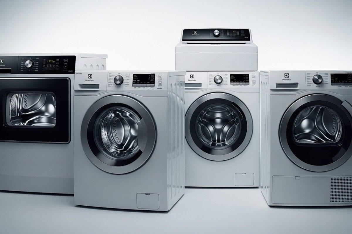 Montagem com três modelos de máquina de lavar Electrolux em destaque, representando a análise completa sobre se a lavadora Electrolux é boa.