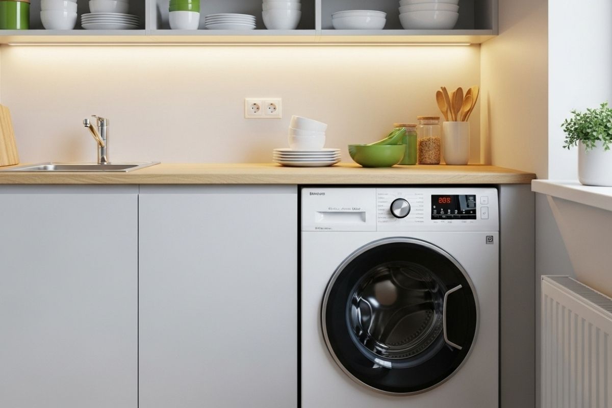 Apartamento pequeno com uma maquina de lavar front-load de 11kg