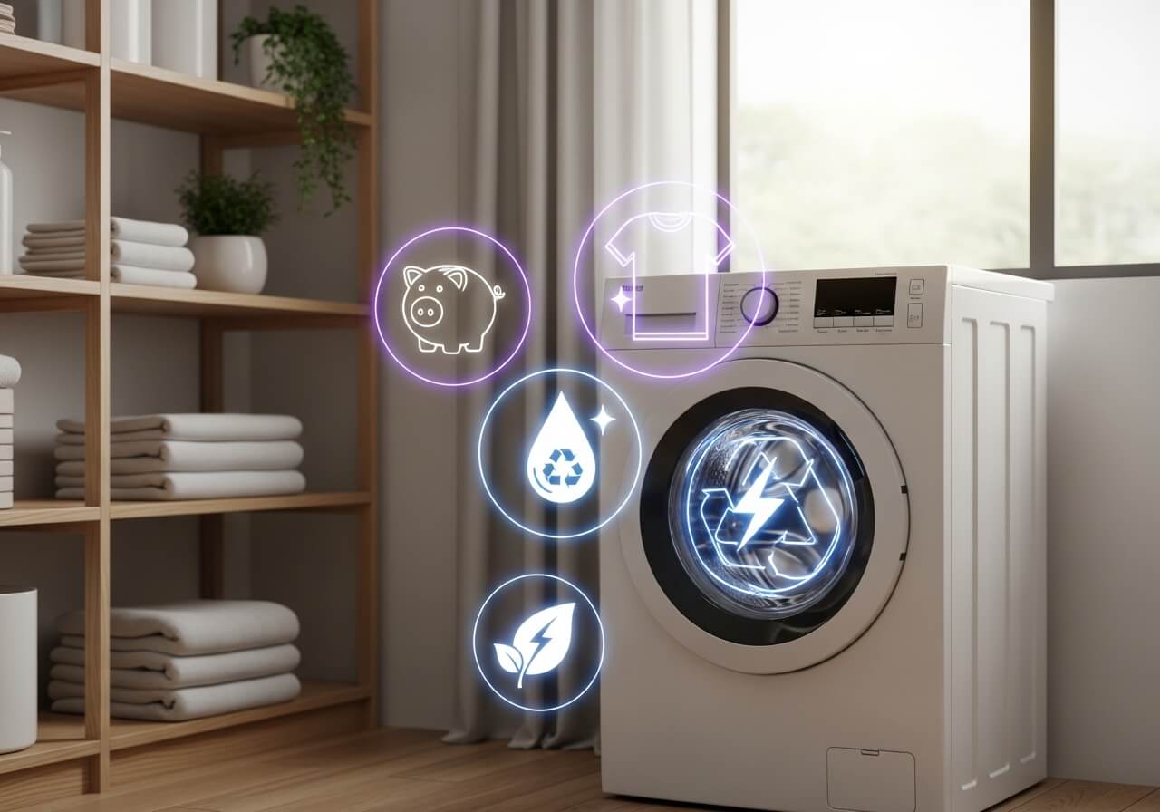 Imagem ilustrativa mostrando uma lavadora de roupas moderna em uma lavanderia organizada, representando a busca pela melhor máquina de lavar custo-benefício, com modelos da Brastemp e Consul em mente.