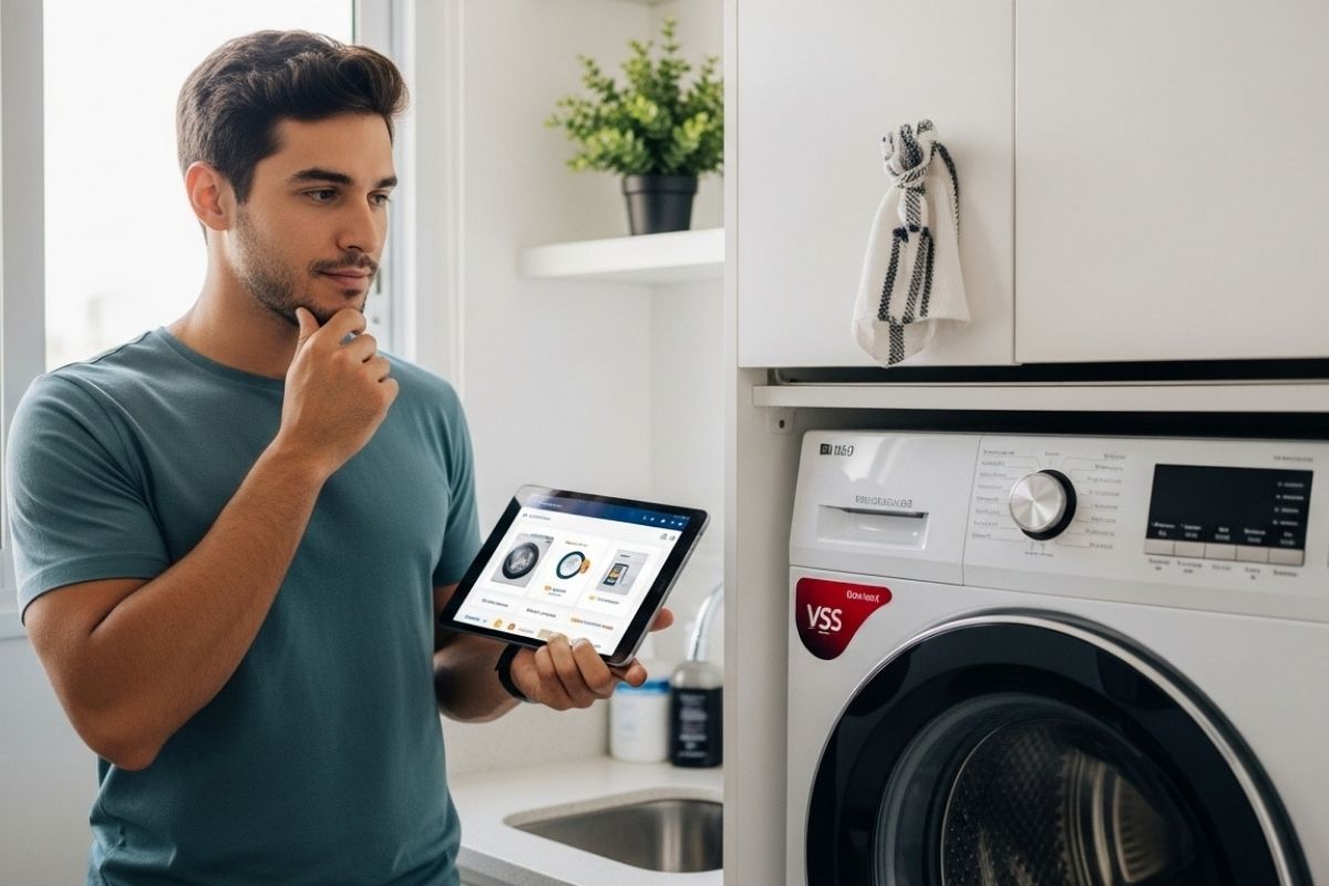 Jovem solteiro com expressão confiante escolhendo a melhor máquina de lavar para seu apartamento pequeno usando um tablet.