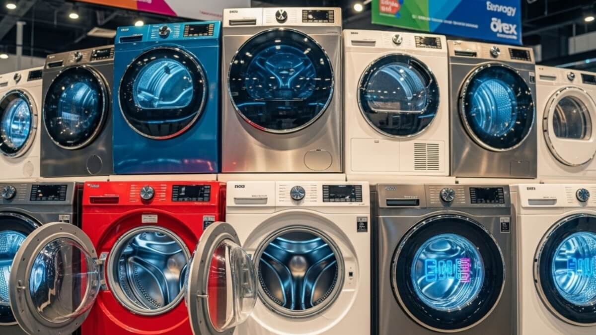 Comparativo visual com as melhores lava e seca do mercado, empilhadas e alinhadas em um fundo de estúdio." "Guia de compra mostrando as melhores lava e seca, destacando a tecnologia e o design dos aparelhos