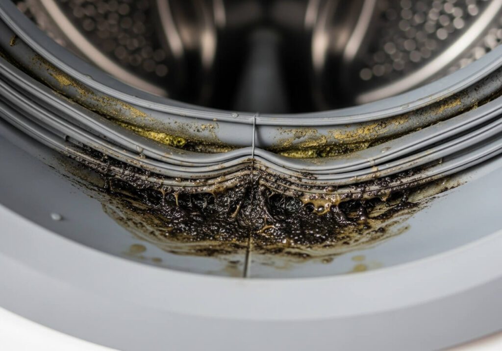 Foto detalhada de uma borracha de vedação suja e com limo, evidenciando o local onde se esconde a sujeira que causa mau cheiro na máquina de lavar.
