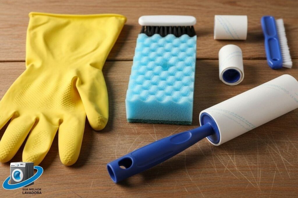 Mão usando uma luva de borracha amarela para remover eficientemente os pelos brancos de uma calça preta.