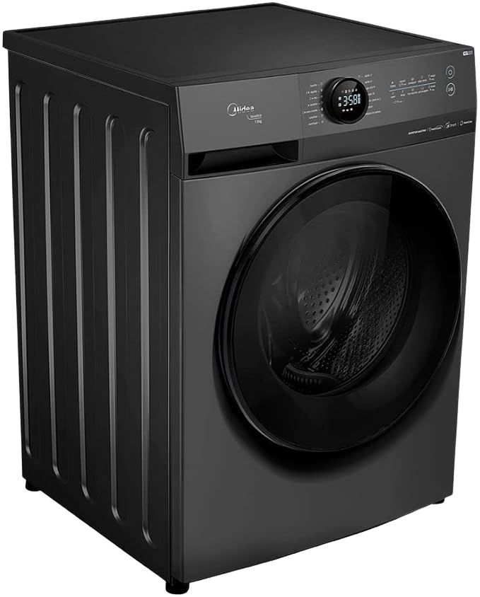 Foto da lavadora de roupas Midea 13kg Storm Wash MA512W130A branca, com seu painel digital moderno e motor Inverter, um destaque na Black Friday.