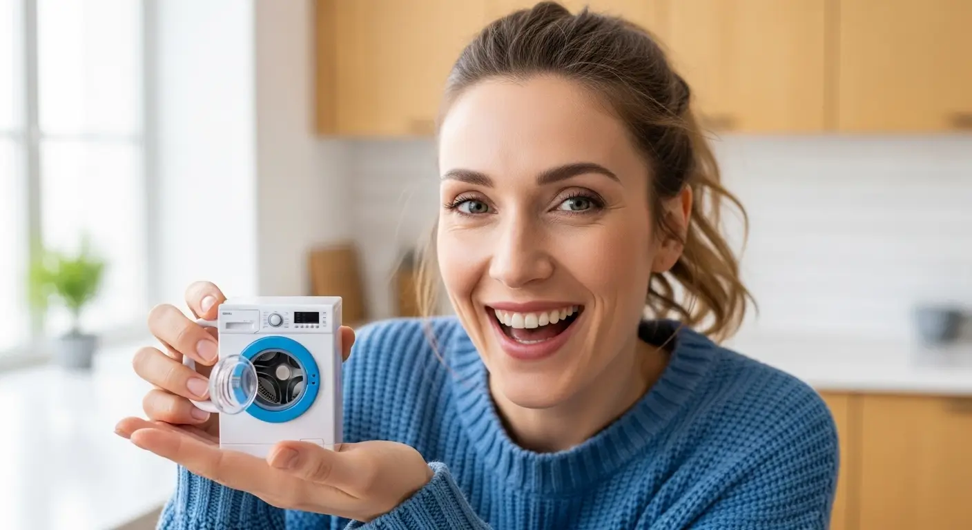 Mulher sorrindo com suéter azul segura uma miniatura de máquina de lavar roupa pequena, ilustrando o guia de compra dos melhores modelos.